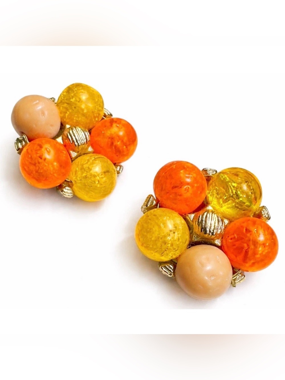 Vintage Kramer Lucite Cluster Clip Earrings Orange Yellow Gold Tone Mod Retro